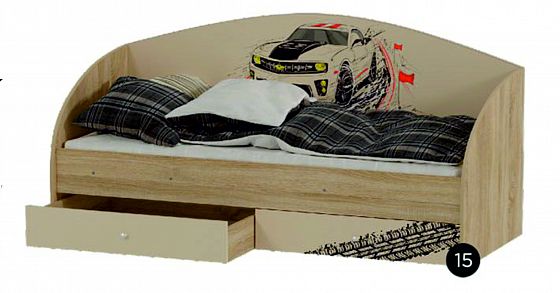 Кровать "Форсаж" с ящиками (на щитах) - Ясень Шимо светлый/Бежевый